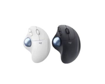 Top-down view of the Logitech ERGO M575S wireless trackball mouse, showing the two available color options: off-white and graphite black.