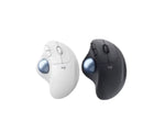 Top-down view of the Logitech ERGO M575S wireless trackball mouse, showing the two available color options: off-white and graphite black.