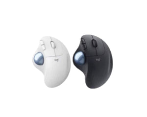Top-down view of the Logitech ERGO M575S wireless trackball mouse, showing the two available color options: off-white and graphite black.
