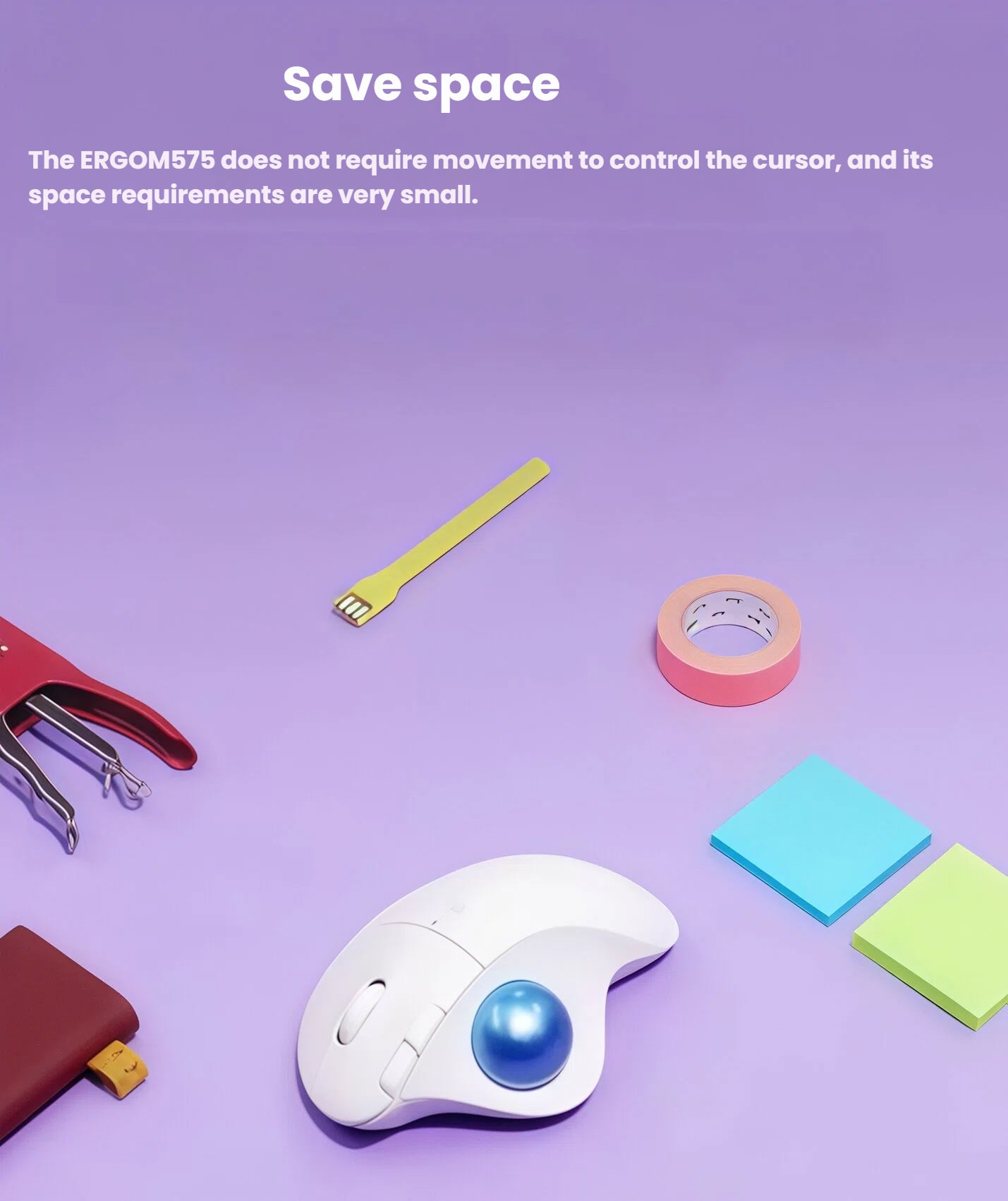 Flat lay of the Logitech ERGO M575S on a purple workspace with office supplies, illustrating the space-saving design that requires no desk space for mouse movement.
