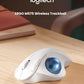  Close-up of the white Logitech M575S wireless mouse on a wooden desk, highlighting the sculpted ergonomic shape and the precision blue trackball controller.