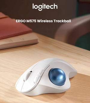  Close-up of the white Logitech M575S wireless mouse on a wooden desk, highlighting the sculpted ergonomic shape and the precision blue trackball controller.