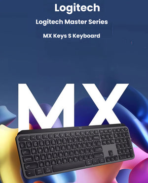  Close-up of hands typing on the Logitech MX Keys S, highlighting the spherical concave keys and smart backlighting for a smooth, quiet typing experience.