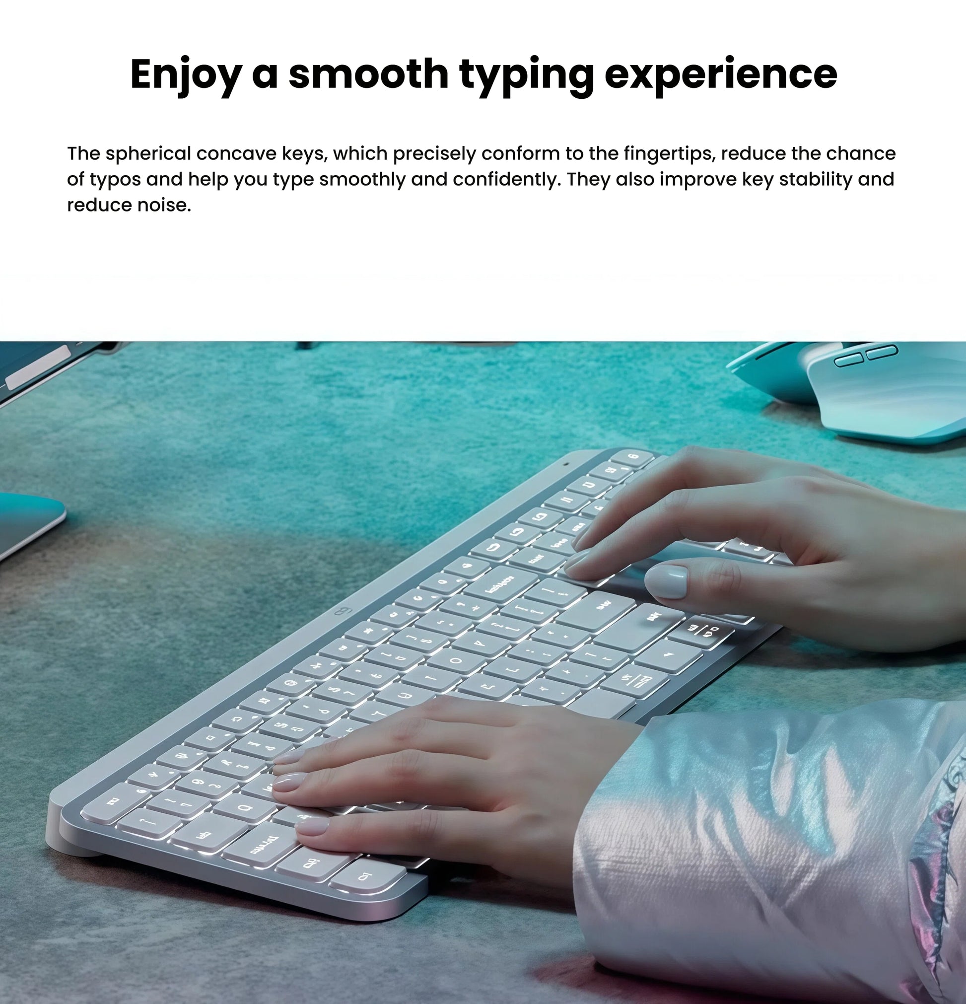 Graphic demonstrating Logitech Flow technology on the MX Keys S, allowing seamless file transfer and text copying between Windows and macOS computers.