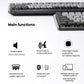 Side profile of the Logitech MX Mechanical keyboard highlighting key features: low-profile mechanical switches, quiet typing, smart backlighting, and multi-device Bluetooth connectivity.