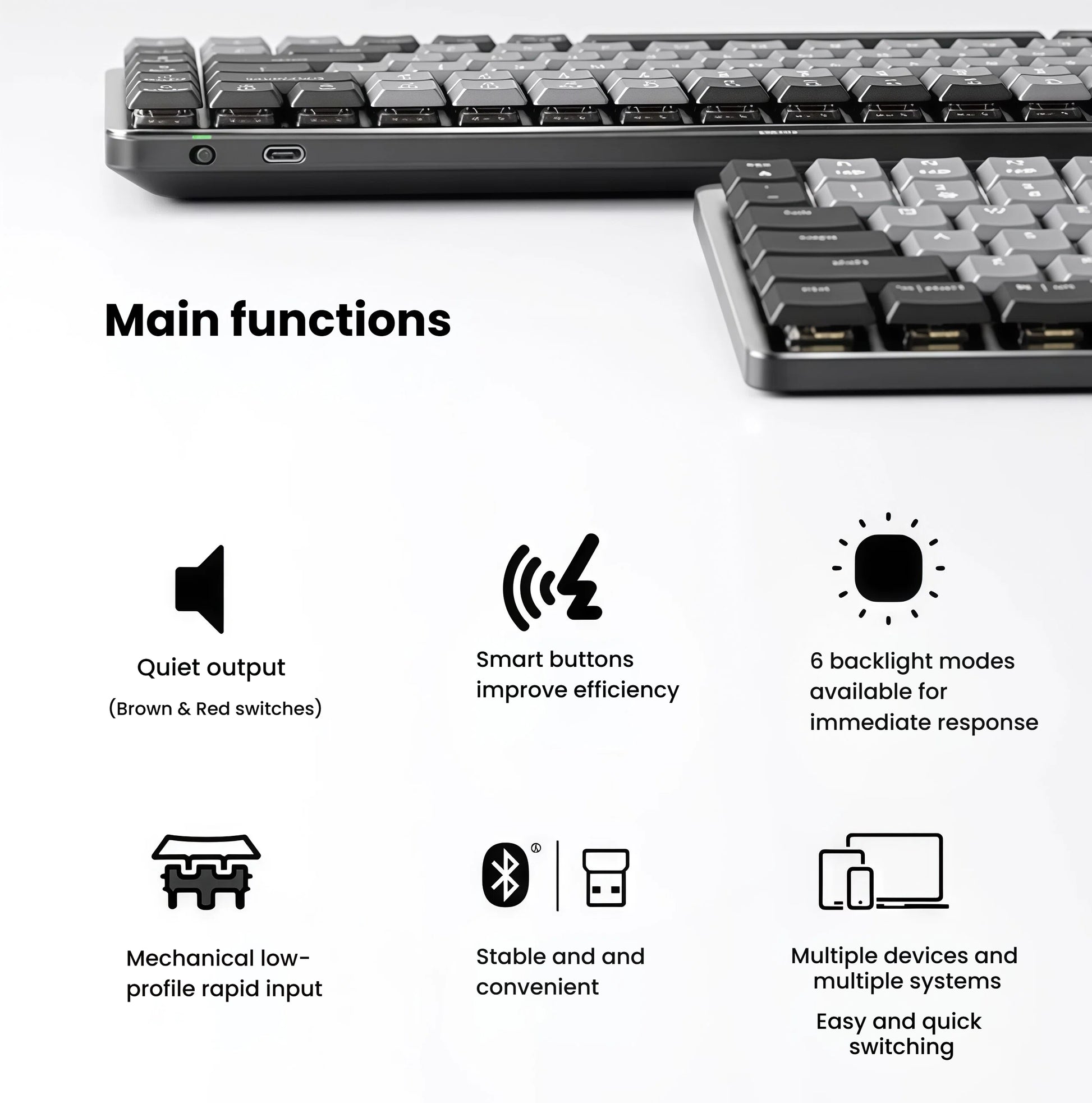 Side profile of the Logitech MX Mechanical keyboard highlighting key features: low-profile mechanical switches, quiet typing, smart backlighting, and multi-device Bluetooth connectivity.