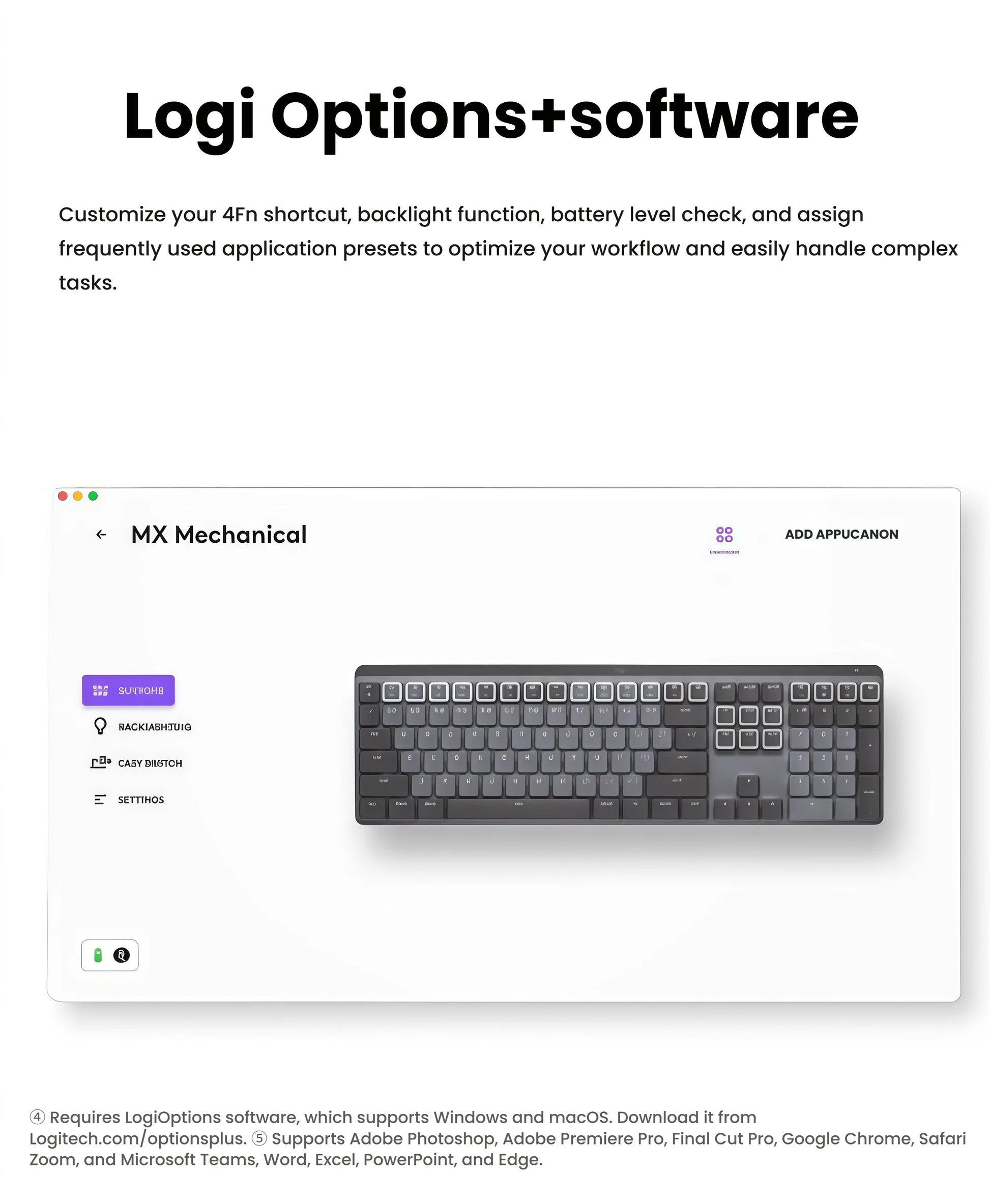  Interface of the Logi Options+ software, showing how to customize function keys and shortcuts on the Logitech MX Mechanical keyboard for improved workflow.