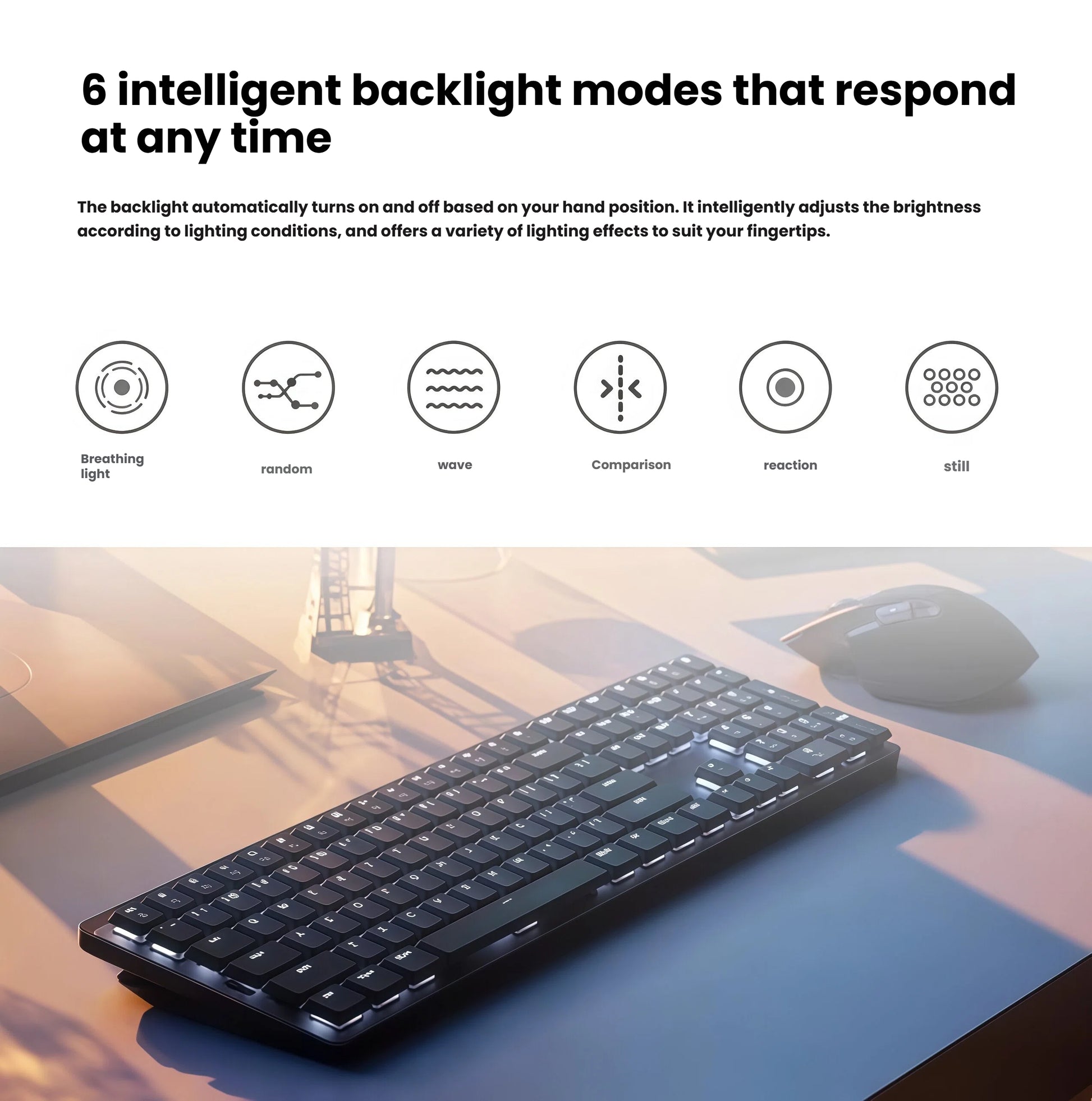  Lifestyle shot of the Logitech MX Mechanical on a desk, demonstrating the smart backlighting system with 6 adjustable modes like breathing, wave, and reaction effects.