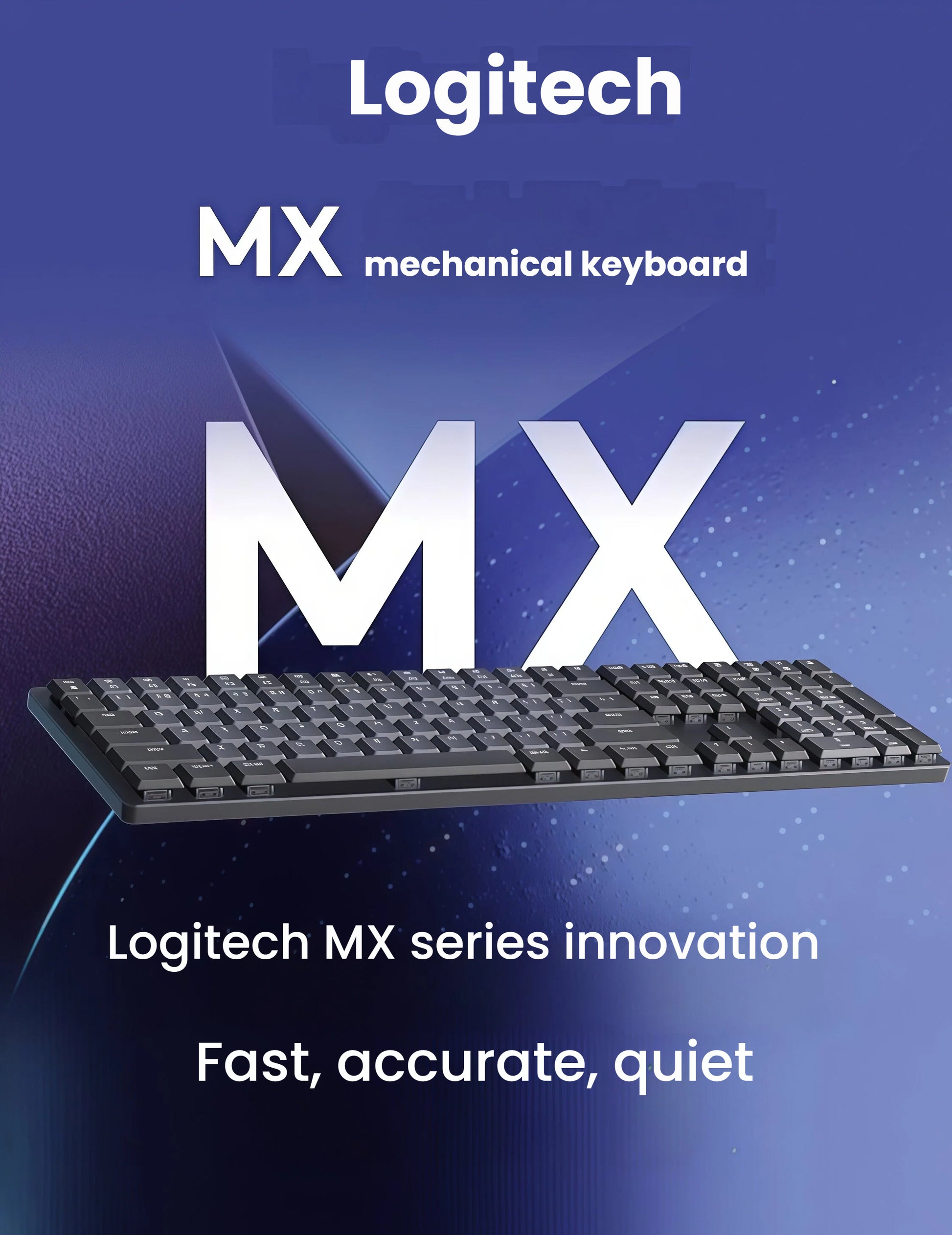 Lifestyle shot of the Logitech MX Mechanical on a desk, demonstrating the smart backlighting system with 6 adjustable modes like breathing, wave, and reaction effects.