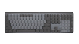 Top-down view of the Logitech MX Mechanical Wireless Illuminated Keyboard, featuring a full-size layout with low-profile keys in a graphite finish.