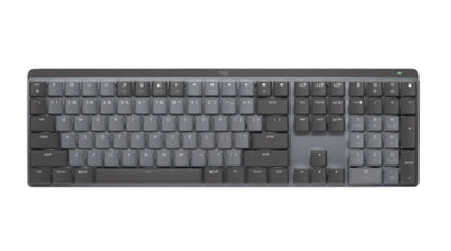 Top-down view of the Logitech MX Mechanical Wireless Illuminated Keyboard, featuring a full-size layout with low-profile keys in a graphite finish.