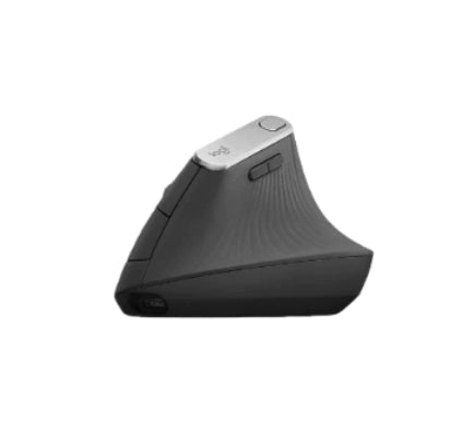 A side profile view of the Logitech MX Vertical Advanced Ergonomic Mouse, showcasing its unique vertical design in graphite against a white background.