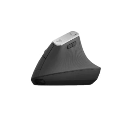 A side profile view of the Logitech MX Vertical Advanced Ergonomic Mouse, showcasing its unique vertical design in graphite against a white background.