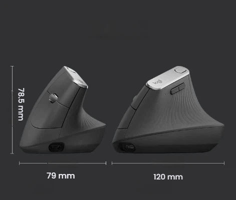 A diagram showing the precise dimensions of the Logitech MX Vertical mouse: 78.5 mm height, 79 mm width, and 120 mm depth.