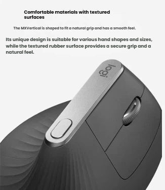 A close-up of the Logitech MX Vertical mouse, detailing its comfortable materials and textured rubber surface designed for a secure and natural grip.