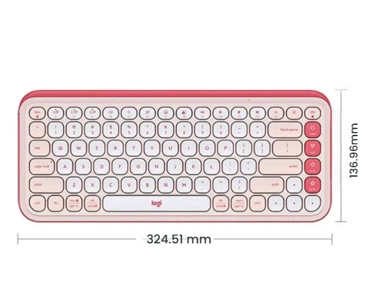  Logitech POP Icon Keys wireless keyboard in rose and off-white color, displaying product dimensions of 324.51 mm width and 136.96 mm height.