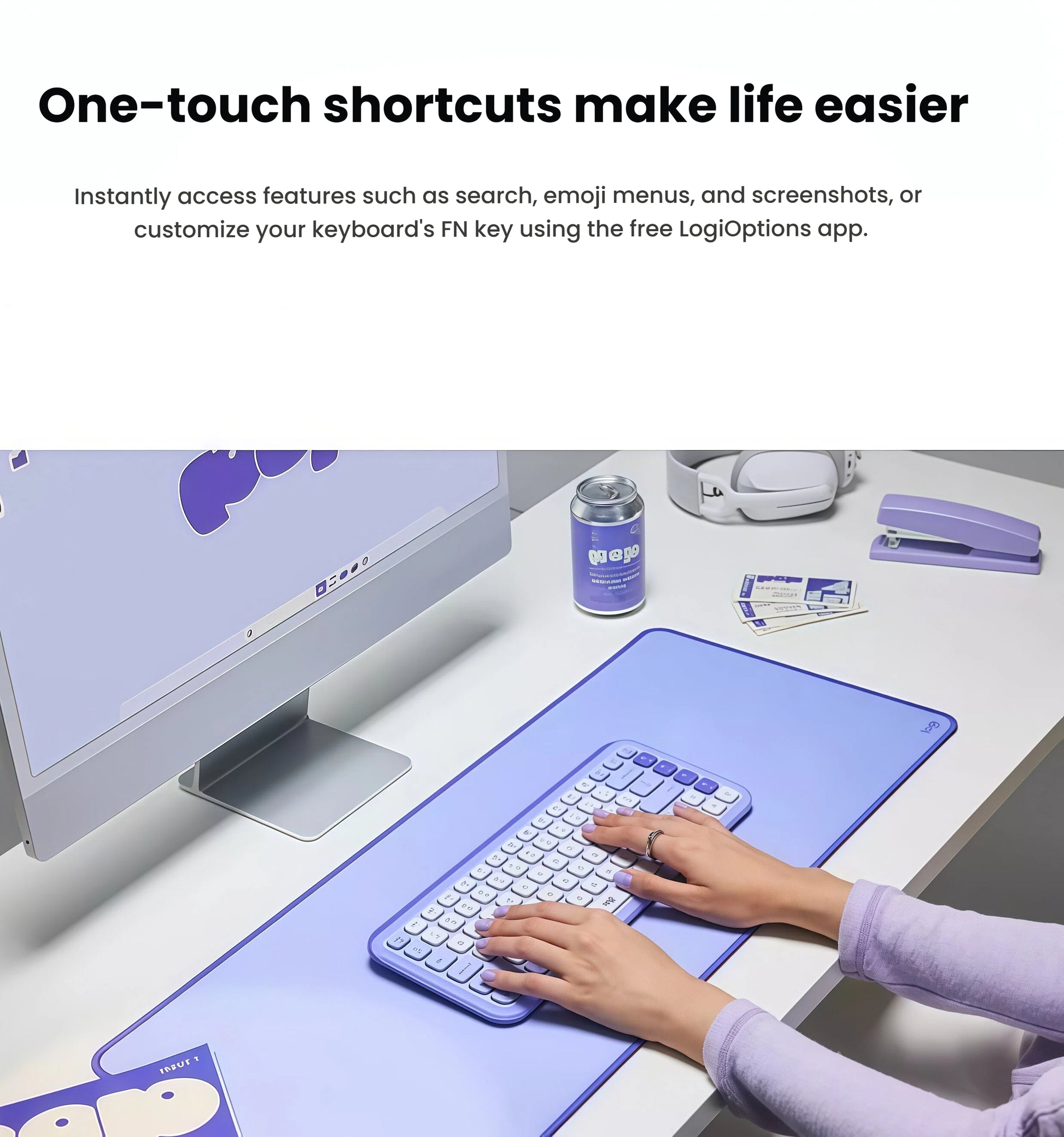 Modern desktop workspace featuring the lilac Logitech POP Icon Keys wireless keyboard and matching desk mat, demonstrating one-touch shortcut access for emojis and screenshots.