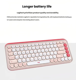 Angled side view of the rose Logitech POP Icon Keys wireless keyboard, highlighting its durability and long battery life of up to 3 years.
