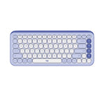  Front view of the Logitech POP Icon Keys wireless keyboard in lilac and blue colorway, featuring a compact layout with rounded low-profile keys.
