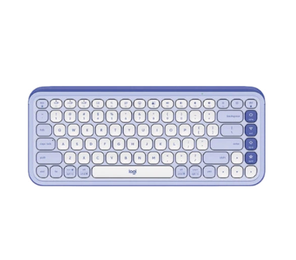  Front view of the Logitech POP Icon Keys wireless keyboard in lilac and blue colorway, featuring a compact layout with rounded low-profile keys.