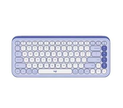  Front view of the Logitech POP Icon Keys wireless keyboard in lilac and blue colorway, featuring a compact layout with rounded low-profile keys.