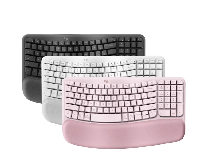 The Logitech Wave Keys wireless ergonomic keyboard shown in three available colors: graphite black, off-white, and rose pink.