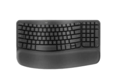 Top-down view of the graphite Logitech Wave Keys wireless ergonomic keyboard, featuring a wave-shaped key layout and integrated cushioned palm rest.