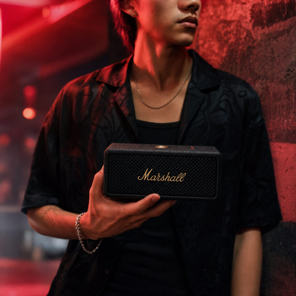 Marshall Emberton III speaker in moody editorial lighting
