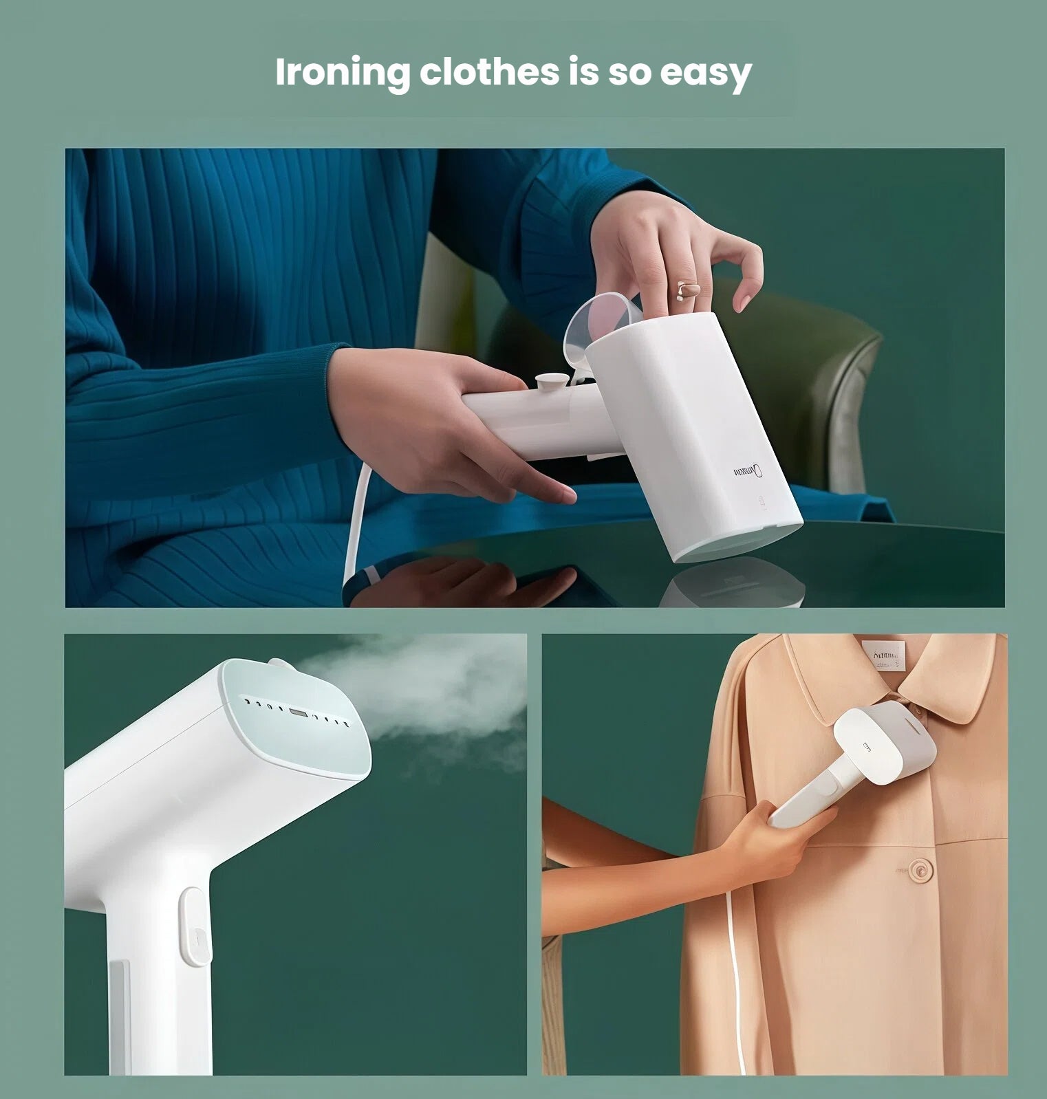A collage showing how easy it is to use the Midea garment steamer, including refilling the water tank and vertically steaming a jacket for quick wrinkle removal.