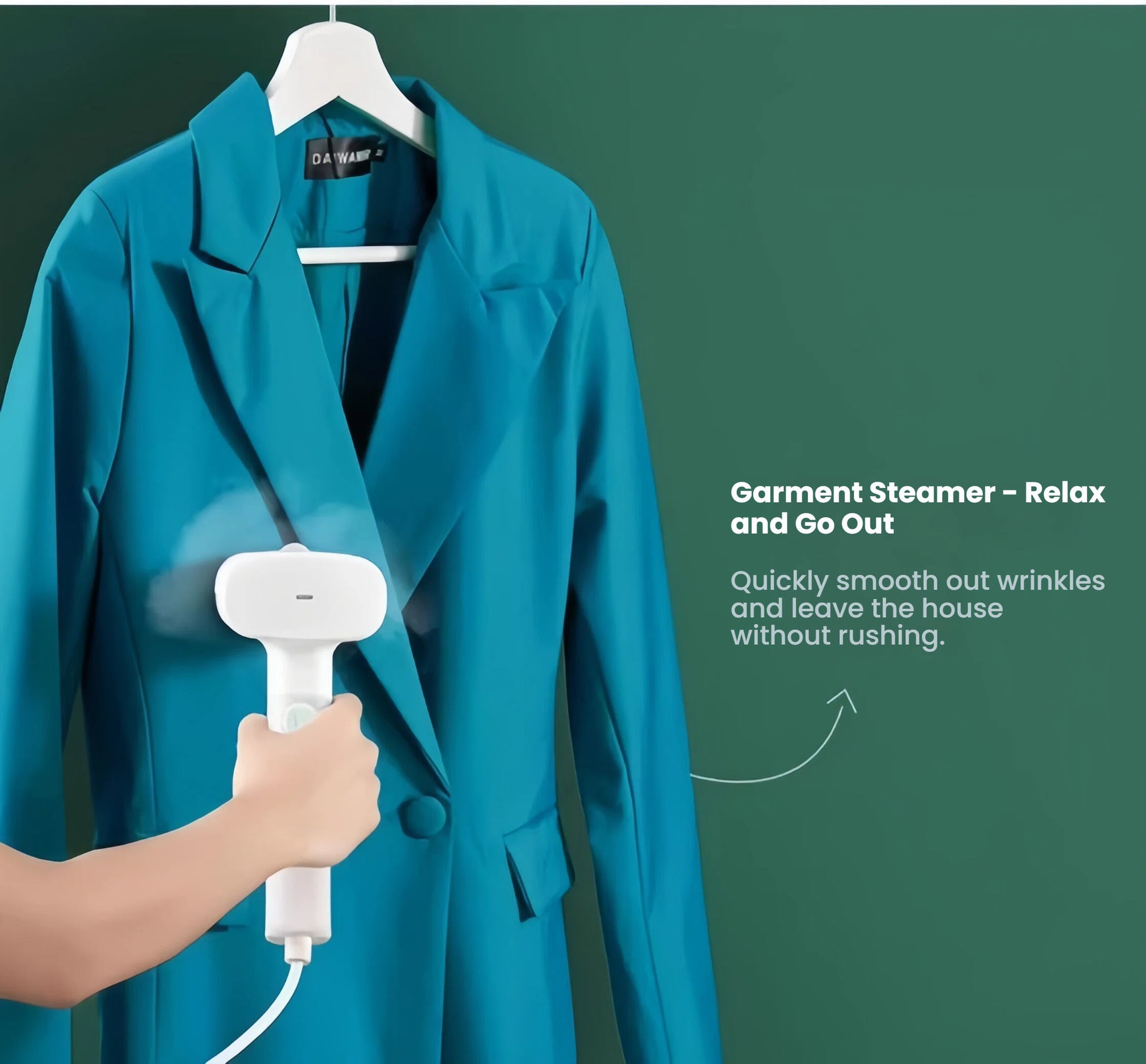 Action shot of the Midea garment steamer being used to quickly and effectively smooth out wrinkles from a hanging blue jacket before heading out.