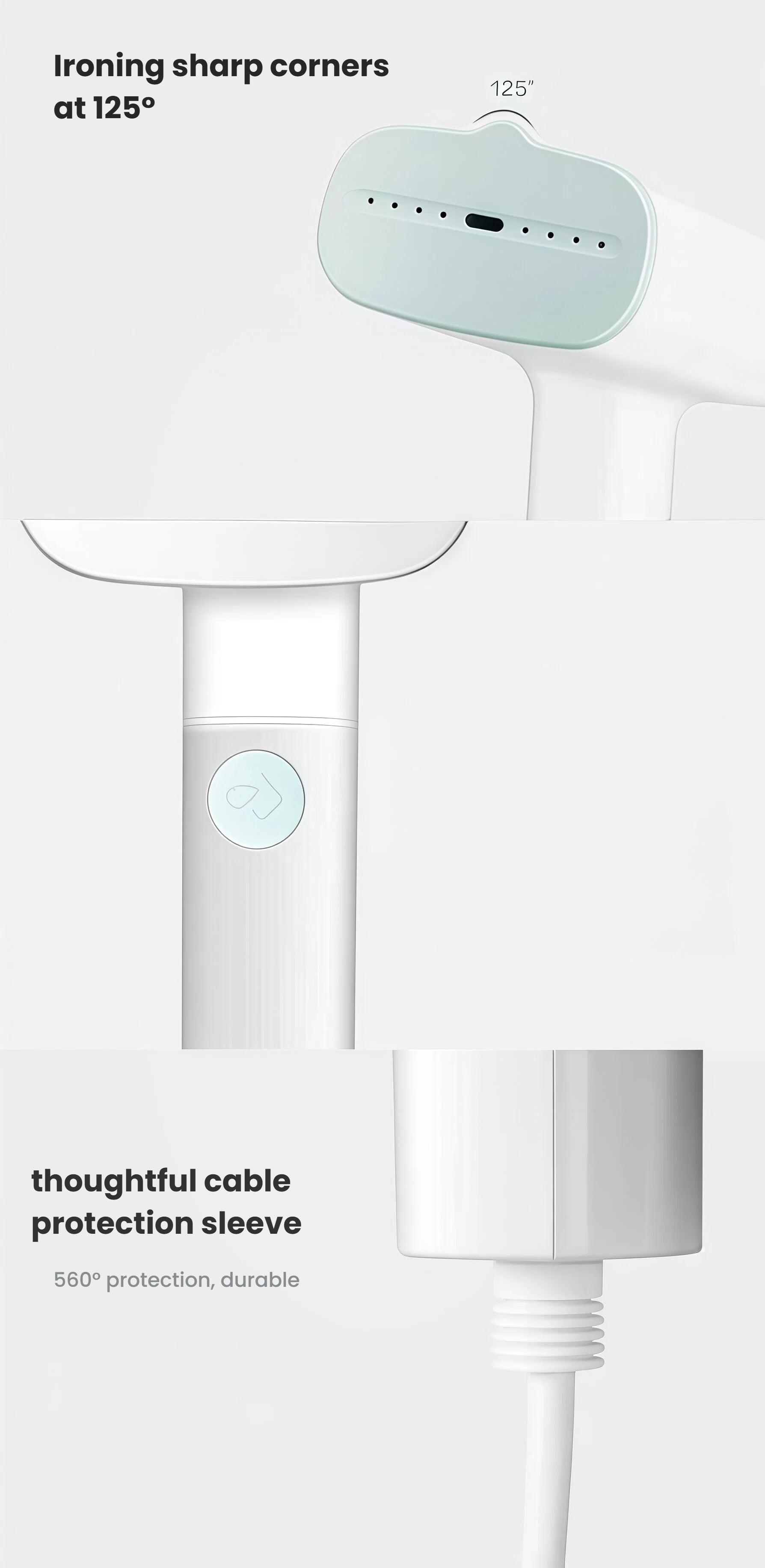 An infographic detailing the Midea travel steam iron's design features, such as the 125-degree angled panel for sharp corners and a durable cable protection sleeve.