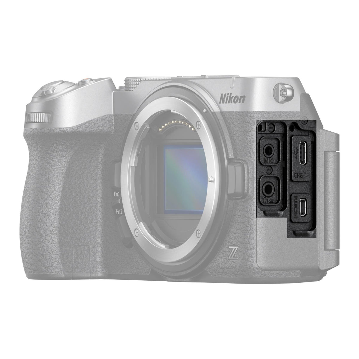Nikon Z5IIC – side connections with transparent body illustration