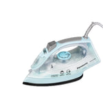 A full view of the Panasonic dual dry and steam garment iron in a stylish light blue finish against a clean white background.
