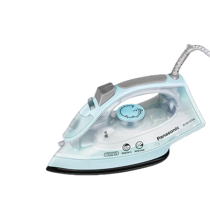 A full view of the Panasonic dual dry and steam garment iron in a stylish light blue finish against a clean white background.