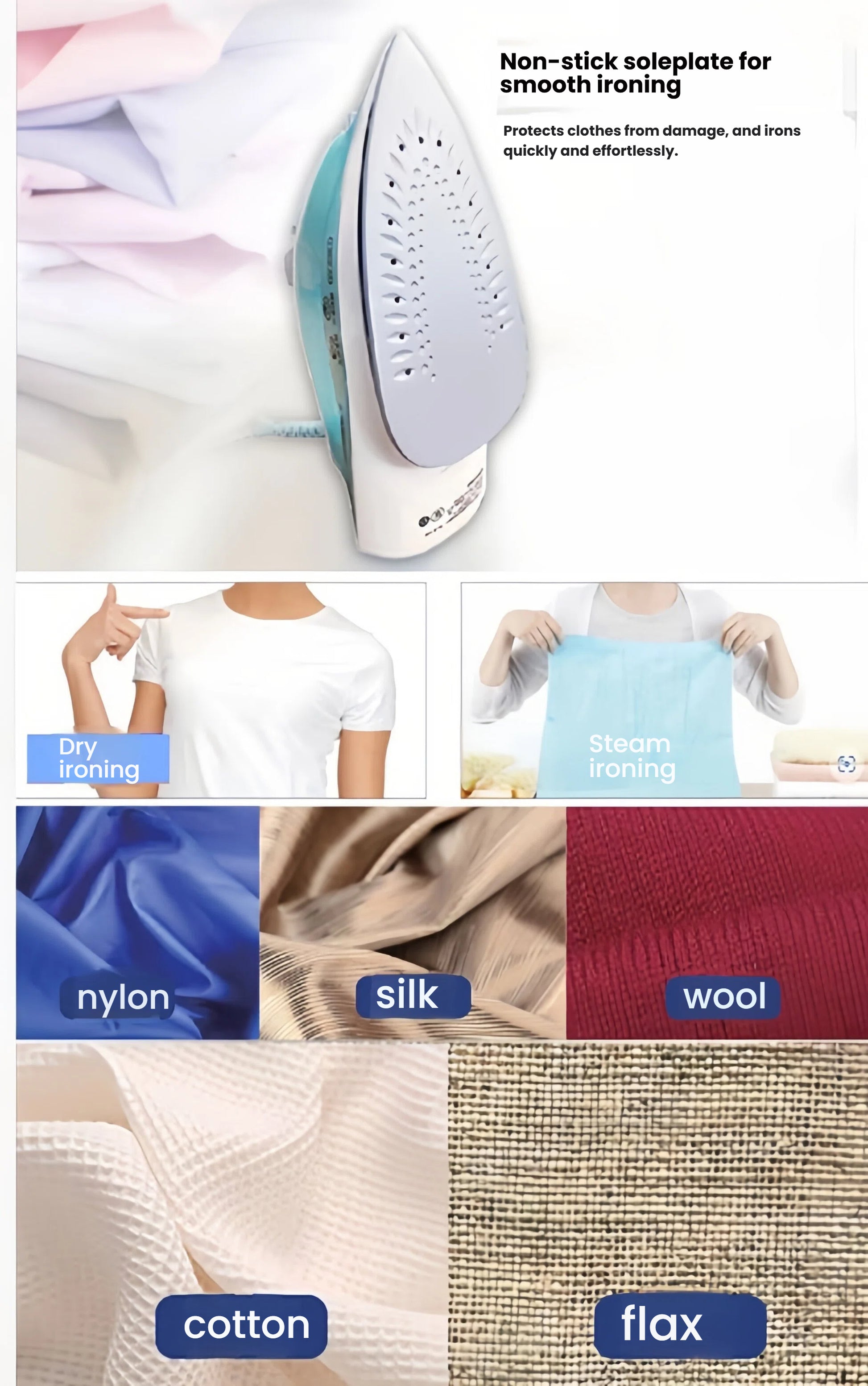 Collage showing the Panasonic iron's non-stick soleplate and its suitability for various fabrics like cotton, wool, silk, and nylon for both dry and steam ironing.