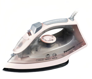 The Panasonic NI-M105N high-power steam and dry iron shown in a light pink color, featuring a temperature control dial and steam/spray functions