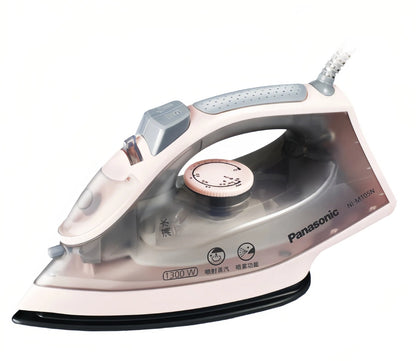 The Panasonic NI-M105N high-power steam and dry iron shown in a light pink color, featuring a temperature control dial and steam/spray functions