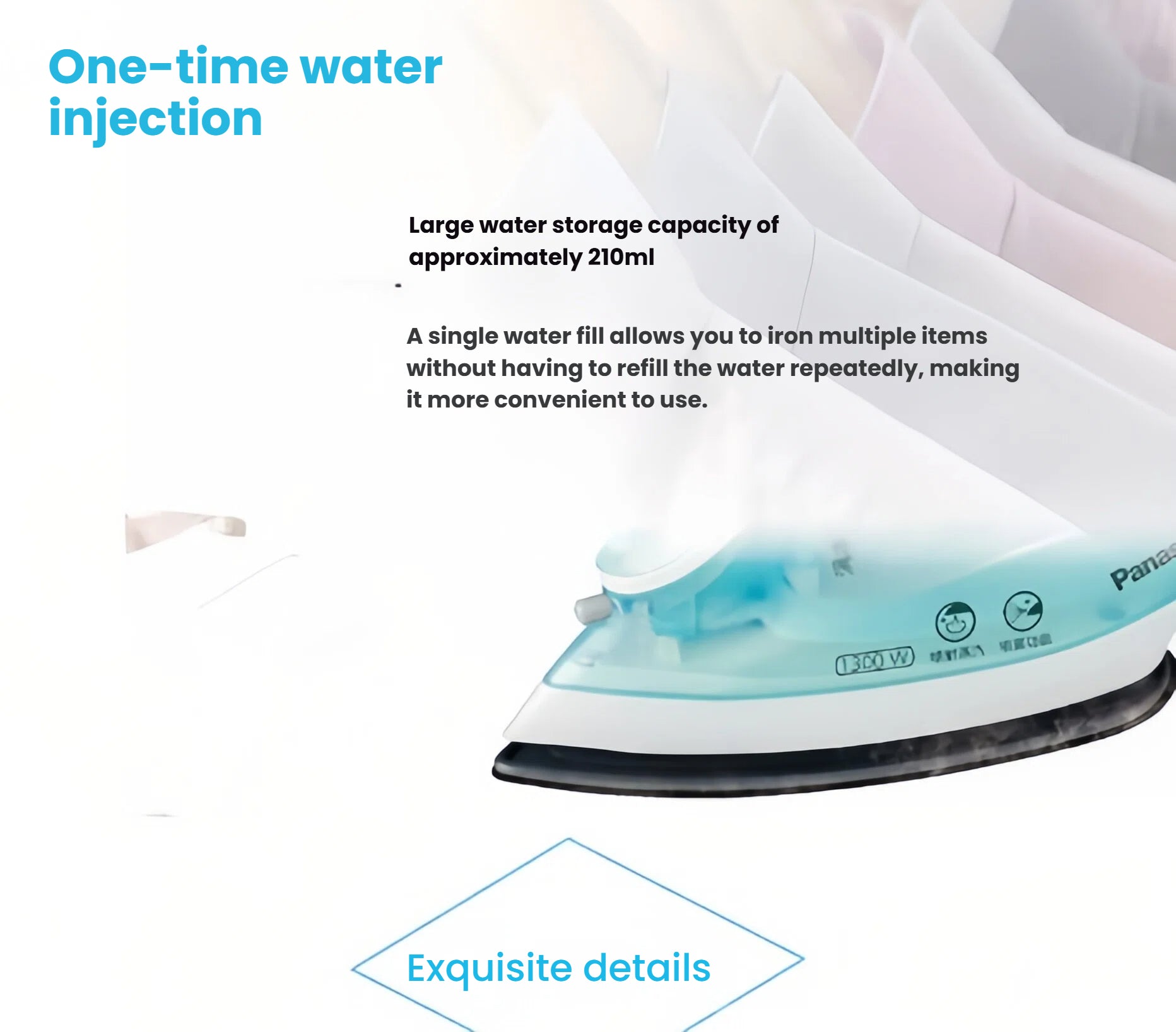 Infographic highlighting the convenient, large 210ml water storage capacity of the Panasonic steam iron, allowing for longer ironing sessions without refilling.