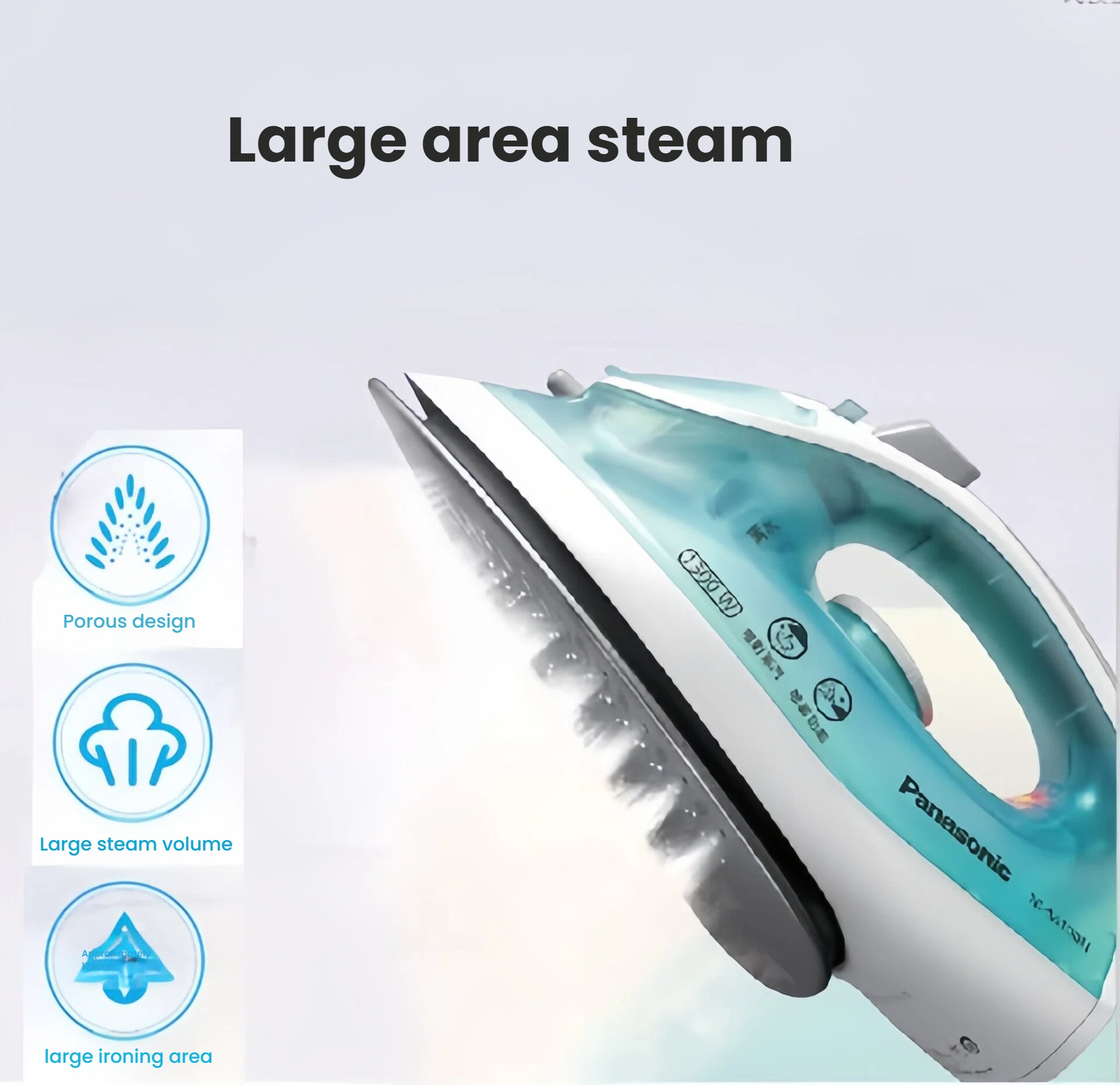 Infographic illustrating the large area steam coverage of the Panasonic iron, highlighting its porous soleplate design for powerful wrinkle removal.