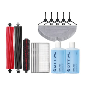 Complete Roborock S8 Pro Ultra accessory kit including main roller brushes, side brushes, HEPA filters, washable mop pads, and cleaning solution bottles – compatible replacement parts for Roborock S8 Pro Ultra robot vacuum