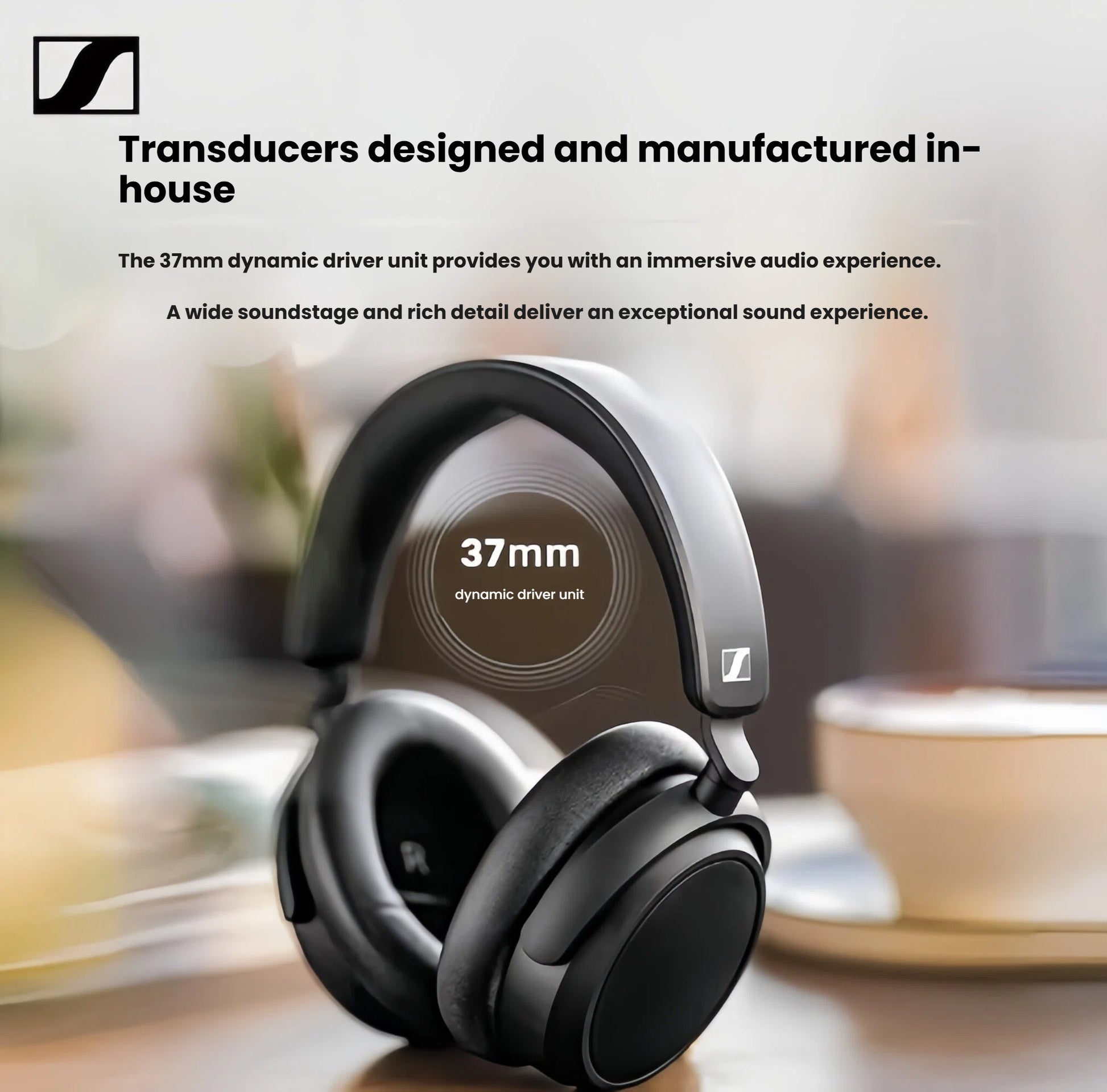 A close-up of the black Sennheiser Accentum Plus headphones highlighting the in-house designed 37mm dynamic driver unit that delivers an immersive audio experience.