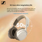 The white Sennheiser Accentum Plus headphones showcasing their 50-hour ultra-long battery life and fast charging capability, which provides 5 hours of playback in 10 minutes.