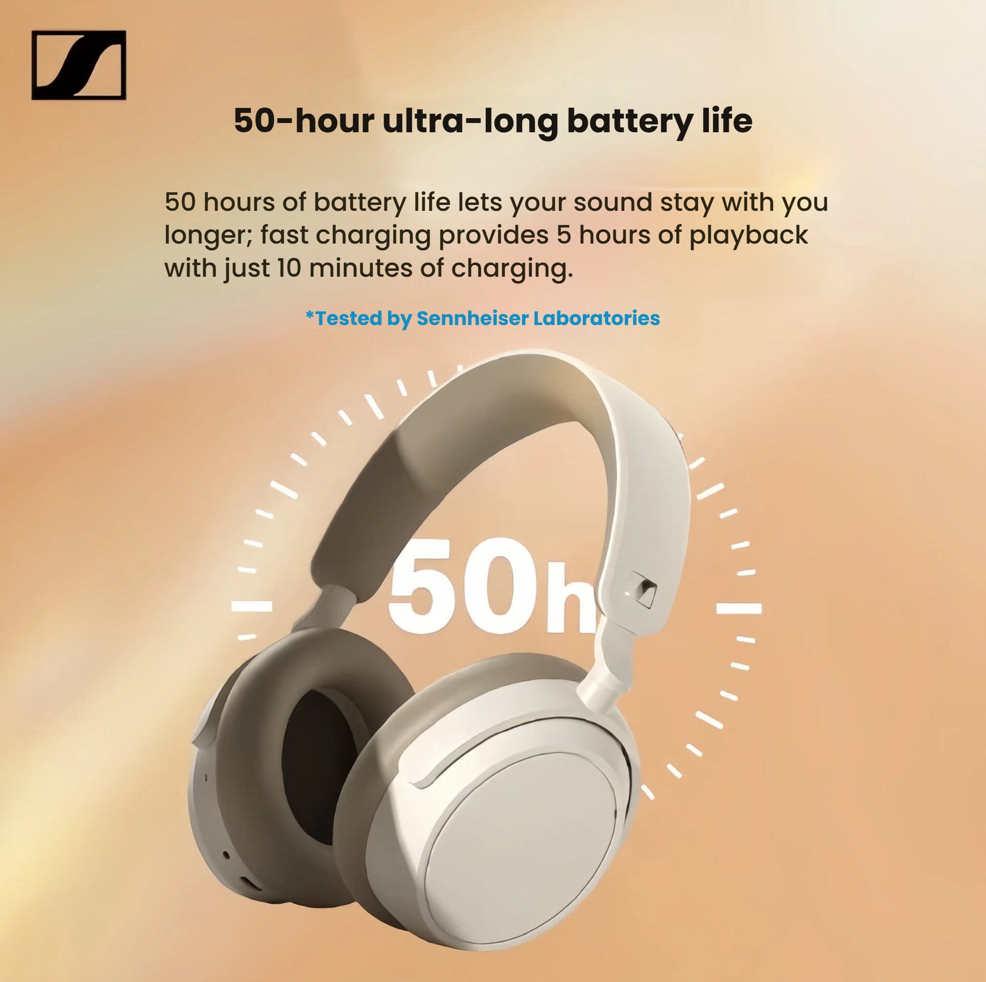 The white Sennheiser Accentum Plus headphones showcasing their 50-hour ultra-long battery life and fast charging capability, which provides 5 hours of playback in 10 minutes.
