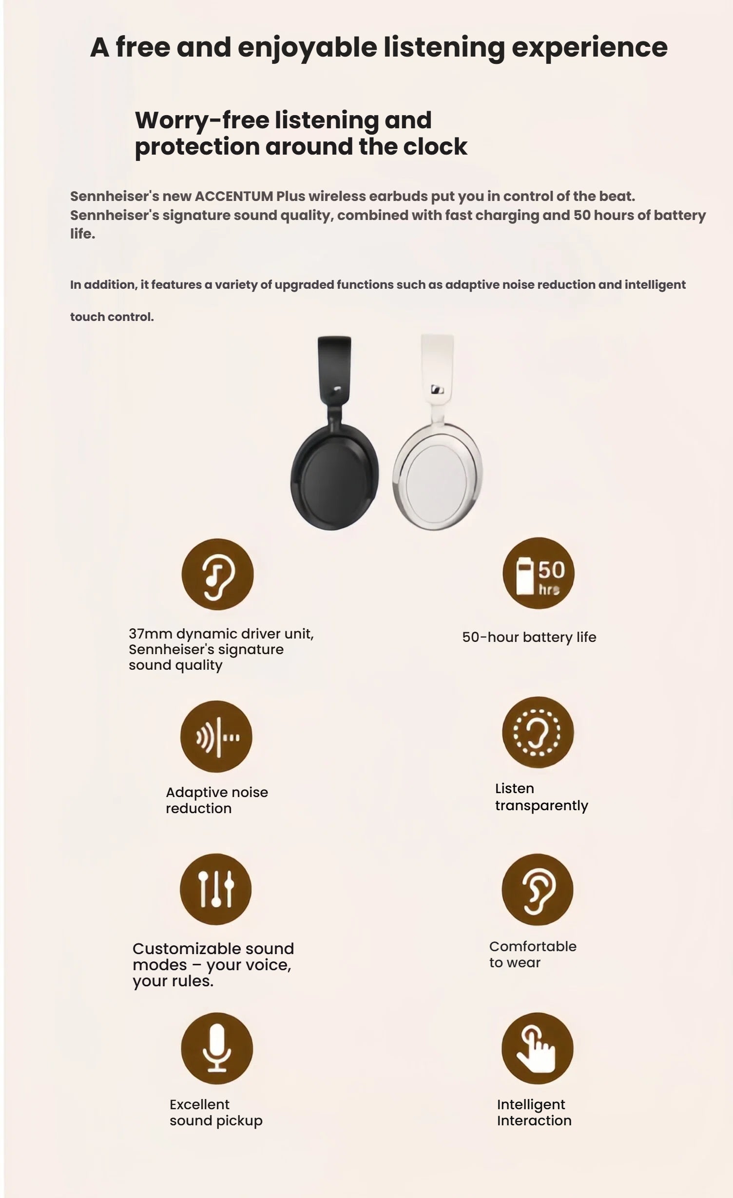 An infographic detailing the key features of the Sennheiser Accentum Plus headphones, such as the 37mm driver, 50-hour battery, adaptive noise reduction, and excellent sound pickup.