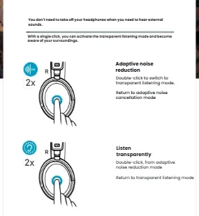 A diagram illustrating the intuitive touch controls on the Sennheiser Accentum Plus earcup for easily switching between Adaptive Noise Reduction and Transparency Mode