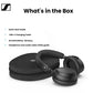 Everything included in the Sennheiser Accentum Plus box: the wireless headphones, a protective carrying case, a USB-C charging cable, and guides.