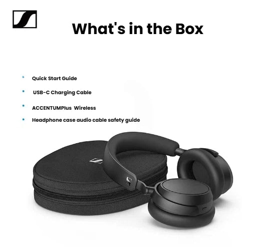 Everything included in the Sennheiser Accentum Plus box: the wireless headphones, a protective carrying case, a USB-C charging cable, and guides.