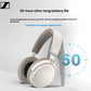 The white Sennheiser ACCENTUM Wireless headphones showcasing their 50-hour ultra-long battery life and fast charging capabilities.