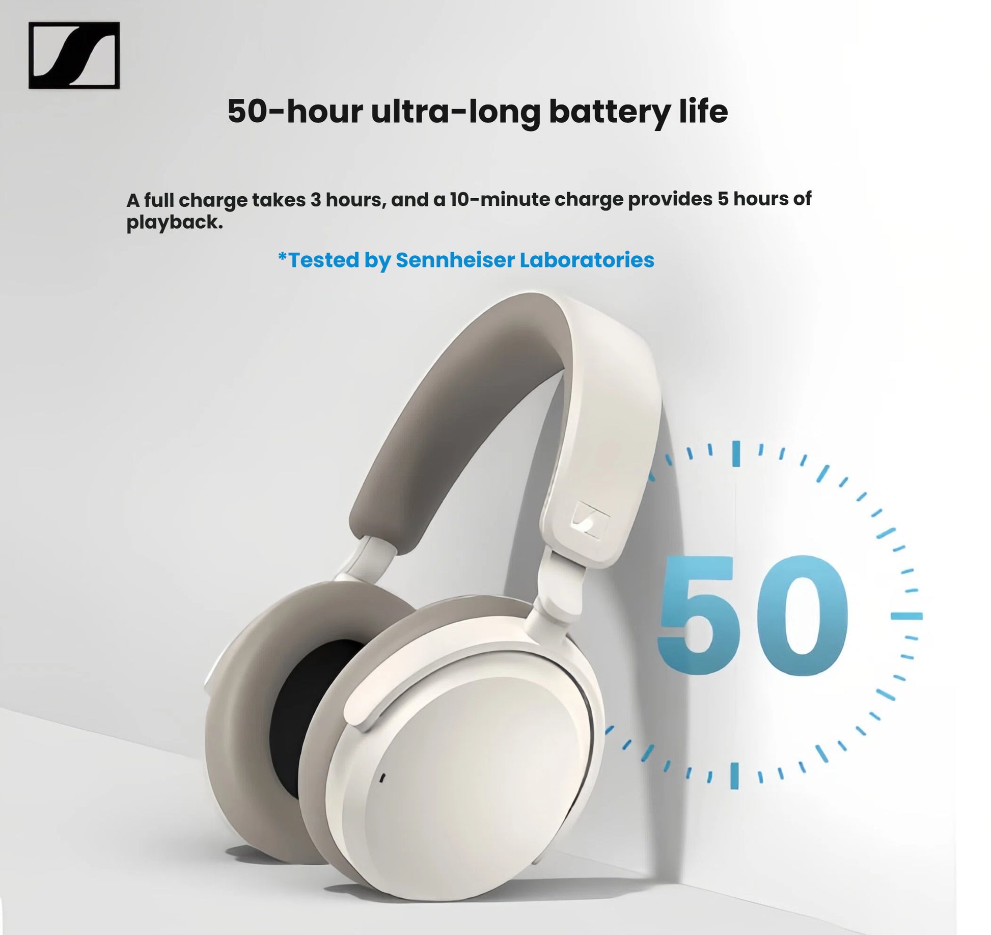 The white Sennheiser ACCENTUM Wireless headphones showcasing their 50-hour ultra-long battery life and fast charging capabilities.