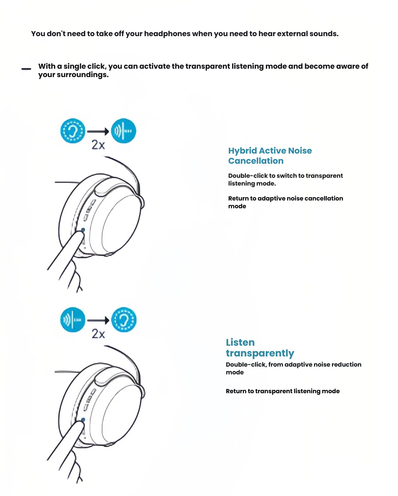 A diagram explaining the easy-to-use button controls on the Sennheiser ACCENTUM Wireless headphones for switching between Hybrid Active Noise Cancellation and Transparency Mode
